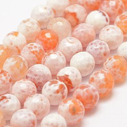 Brins de perles d'agate craquelée de feu naturel à facettes, ronde, teints et chauffée, orange, 8mm, Trou: 1mm, Environ 47 pcs/chapelet, 14 pouce (35.6 cm)