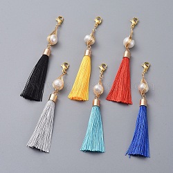Polyester Tassel Big Pendants, with Natural Cultured Freshwater Pearl and 304 Stainless Steel Lobster Claw Clasps, Golden, Mixed Color, 100mm