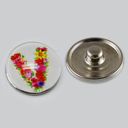 Boutons de vacances, noël plat rond avec la lettre v zinc bijoux en alliage boutons pression, avec cabochons de verre, platine, colorées, 18x8~10mm, Bouton: 5~5.5 mm