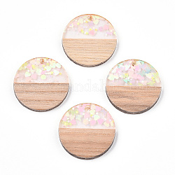 Transparent Resin & White Wood Pendants, Flat Round Charms with Paillettes, Clear, 28.5x3.5mm, Hole: 2mm