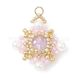 Colgantes trenzados de perlas y semillas de vidrio y concha k9, encantos de rombos, rosa, 25.5x23x7mm, agujero: 2 mm
