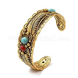 Bracelets de brassard en alliage de style tibétain, bracelet plume style bohème pour femme, avec imitation turquoise, Or antique, 5/8~1-1/8 pouce (1.5~2.7 cm), diamètre intérieur: 2-5/8 pouce (6.74 cm)