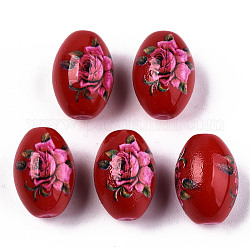 Perles de verre opaques imprimées et peintes à la bombe, ovale avec motif floral, rouge, 15x10mm, Trou: 1.6mm