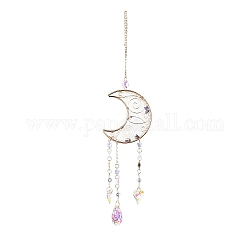 Natural Amethyst & Quartz Crystal Chips Beaded Moon Hanging Sun Catchers, with Glass Teardrop & Heart, with Iron Findings, 400mm