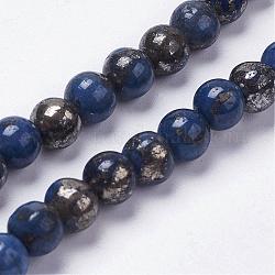 Abalorios de pirita naturales hebras, teñido, redondo, azul, 6mm, agujero: 1 mm, aproximamente 32 pcs / cadena, 8 pulgada
