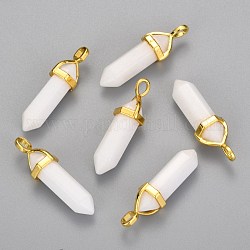Natürliche weiße Jadekugel mit doppelten Enden, mit goldenem Ton zufällige Legierung Anhänger Sechseck Perle Kappe Kautionen, 37~40x12.5x10 mm, Bohrung: 3x4.5 mm