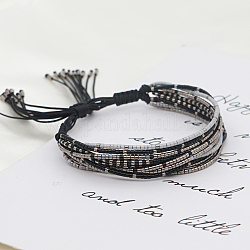 Miyuki Glas Saatperlen mehrsträngige Armbänder für Frauen, verstellbare Nylonschnur geflochtenen Perlen Armbänder, Metallgrau, 11 Zoll (28 cm)