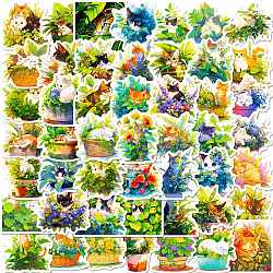 50 Uds pegatinas de vinilo de gato de dibujos animados, Calcomanías de plantas impermeables para álbumes de recortes de diy., oficio del arte, color mezclado, 43~50x48~54x0.2mm