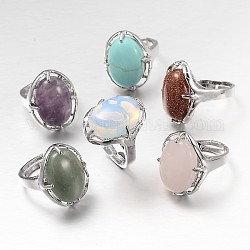 Adjustable Oval Gemstone Wide Band Rings, with Platinum Tone Brass Findings, US Size 7 1/4(17.5mm)
