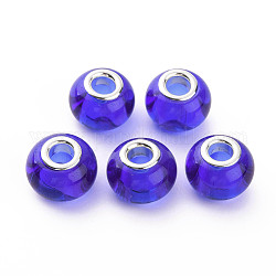 Perles européennes en verre, Perles avec un grand trou   , laiton avec ton argent noyaux doubles, rondelle, bleu moyen, 14.5x11.5mm, Trou: 5mm