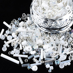 Perles de rocaille en verre, mixedstyle, formes mixtes, blanc, 1~7x2~4mm, Trou: 0.7~1mm, environ 450g / livre