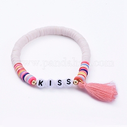 Bracelets élastiques faits à la main de perles heishi en pâte polymère, avec des perles en acrylique et des pampilles en fil de coton, pour la fête des mères, baiser, colorées, 2 pouce (5.2 cm)