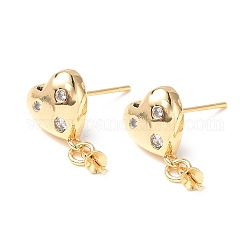 Brass Clear Cubic Zirconia Stud Earring Findings, with Cup Peg Bails and 925 Sterling Silver Pins, Heart, Real 18K Gold Plated, 18x9mm, Pin: 0.8mm