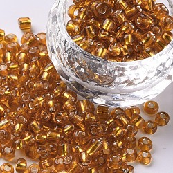 6/0 Perlas de semillas de vidrio, plata forrada agujero redondo, redondo, vara de oro oscuro, 4mm, agujero: 1.5 mm, aproximamente 6639 unidades / libra