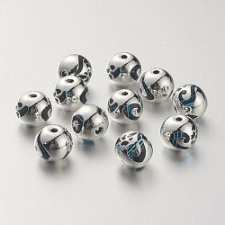 Perle di vetro k9, coperto di ottone, rotondo con disegno cuore, placcati argento 925 euro, cielo blu profondo, 10.2x9.2mm, Foro: 1.5 mm