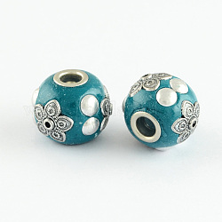 Round Handmade Indonesia Beads, with Aluminum Platinum Metal Color Cores, Dark Cyan, 15.5x19mm, Hole: 3.5mm