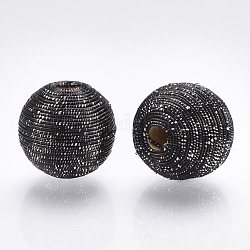 Perles de bois recouvertes de fil de cordon polyester, ronde, noir, 18~19x17.5~18mm, Trou: 3.5~4mm
