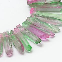 Granos de cristal de cuarzo natural electrochapa hebras, teñido, facetados, pepitas, verde, 23~47x8.5~9.5x8~10mm, agujero: 2 mm, 15.7 pulgada (40 cm)