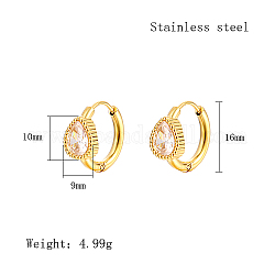 Cubic Zirconia Hoop Earrings, Real 18K Gold Plated 304 Stainless Steel Earrings, Teardrop, 16x9mm.