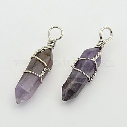 Faceted Bullet Platinum Plated Brass Gemstone Double Terminated Pointed Pendants, Amethyst, 38~42x8~9mm, Hole: 3~6mm