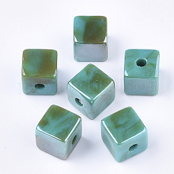 Perles acryliques, style de pierres fines imitation, deux tons, nacré, cube, vert de mer clair, 12.5x12x12mm, Trou: 3.5mm