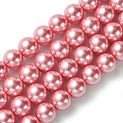 Hebras de perlas de vidrio ecológicas, redondo, teñido, cordón de algodón rosca, rosa perla, 12mm, agujero: 1.2~1.5 mm, aproximamente 34 pcs / cadena, 15.7 pulgada