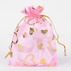 Heart Printed Organza Bags, Gift Bags, Rectangle, PeachPuff, 12x10cm