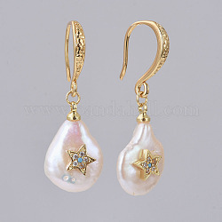 Orecchini pendenti in ottone, con perla naturale e zirconi, pepite con stella, oro, 33~34.5mm, pendenti: 17.5~18.5x11.5~12x6~6.5 mm, ago :0.8mm