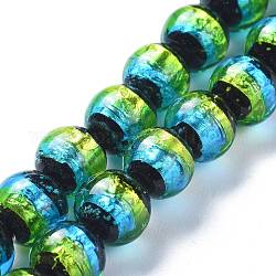 Perles vernissées de feuille en argent manuelles, lumineux, brillent dans le noir, ronde, verte, 12mm, Trou: 1.4mm