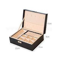 Cajas organizadoras de joyas de cuero pu rectangulares de 2 nivel, joyero de viaje portátil, para los pendientes, collares, anillos, negro, 23x17x9 cm