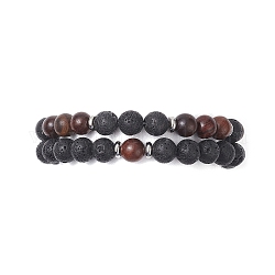 2 pièces 2 style bois naturel et roche de lave ensemble de bracelets extensibles perlés ronds pour femmes, brun coco, diamètre intérieur: 2-1/4 pouce (5.7 cm), 1pc / style
