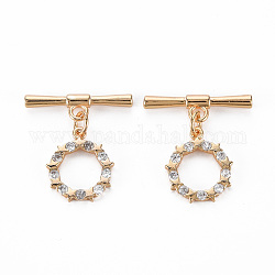 Brass Micro Pave Clear Cubic Zirconia Toggle Clasps, Nickel Free, Ring, Real 18K Gold Plated, 24mm, Ring: 16x13x2mm, Bar: 22x6x2.5mm, Jump Ring: 5x0.7mm, 3.6mm inner diameter