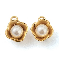 304 ciondoli in acciaio inossidabile, con perle di plastica bianca imitazione perla, 3 d fiore, oro, 10x8x6mm, Foro: 1.8 mm
