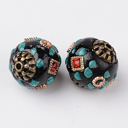 Perline tondo indonesia fatto a mano, con bronzo antico placcato nuclei in lega, nero, 15~17x14~15mm, Foro: 1.5 mm