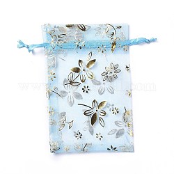 Pochettes à bijoux en organza avec cordon de serrage, sacs-cadeaux de fête de mariage, rectangle avec motif de fleurs estampé d'or, lumière bleu ciel, 15x10x0.11 cm