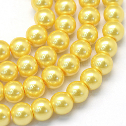 Cottura dipinto di perle di vetro perlato fili di perline rotondo, oro, 6~7mm, Foro: 1 mm, circa 145pcs/filo, 31.4 pollice