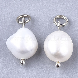 Pendenti con perle d'acqua dolce coltivate naturali, con accessori di ottone, platino, bianco crema, 16x9~10mm, Foro: 3 mm