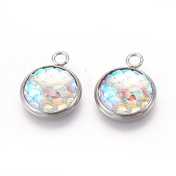 Resin Pendants, with 304 Stainless Steel Finding, Flat Round with Mermaid Fish Scale Shaped, Stainless Steel Color, Seashell Color, 18x14x3.5mm, Hole: 2mm