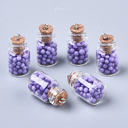 Verre souhaitant bouteille décorations pendentif, avec mousse de polystyrène à l'intérieur, Bouchon en liège et vis de fer, support violet, 22x15mm, Trou: 2mm