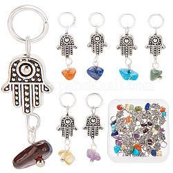 CREATCABIN 4 Sets 7 Styles Chakra Mixed Stone Chips Alloy Pendants, Religion Hamsa Hand Charm, Mixed Dyed and Undyed, Antique Silver, 26.5~27.5mm, Stone: 6~11x5~7mm, Hand: 11.5x10x3.8mm, Hole: 5.8mm, 1pc/style, 7pcs/set