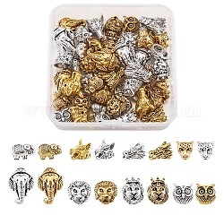 Perles en alliage de style tibétain, Perles en alliage de style tibétain, lion, loup, éléphant, chouette, 3d tête de dragon, couleur mixte, 7.4x7.2x1.7 cm, 48 pcs / boîte