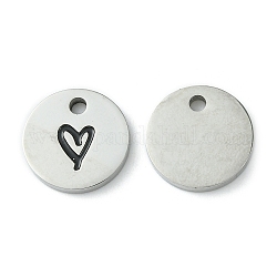 304 Stainless Steel Manual Polishing Charms, with Enamel, Flat Round with Heart, Stainless Steel Color, 14x2mm, Hole: 2mm