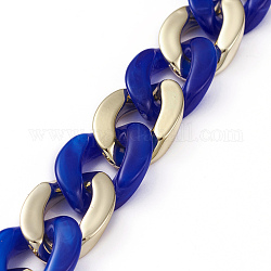 Chaîne gourmette en plastique ccb à la main, avec anneaux de liaison en acrylique, pierre d'imitation, pour la fabrication de chaînes de sacs à main, or, bleu royal, lien: 22~23x16~17x5 mm, 39.37 pouce (1 m)/fil