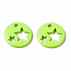 Lackiert Messing Anhänger / charms, flach rund mit Stern, grün gelb, 14.5x14.5x2.5 mm, Bohrung: 2 mm