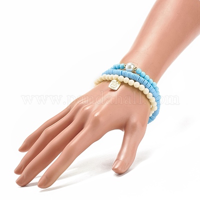 NBEADS Polymer Clay Heishi Beads Stretch Bracelets, with Acrylic Enamel Heart Beads and Brass Beads, Light Sky Blue, Inner Diameter: 2-1/4