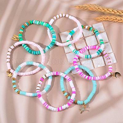 PandaWhole Stretch Bracelets Sets, with Polymer Clay Heishi Beads, Acrylic Beads, Glass Pearl Beads and Brass Beads Polymer ClaySize: Size