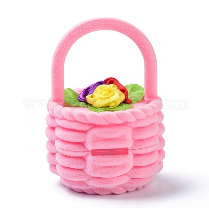 ベルベットのリングボックス  プラスチックとリボン付き  花籠  ピンク  5.8x6cm VBOX-F004-01A-1