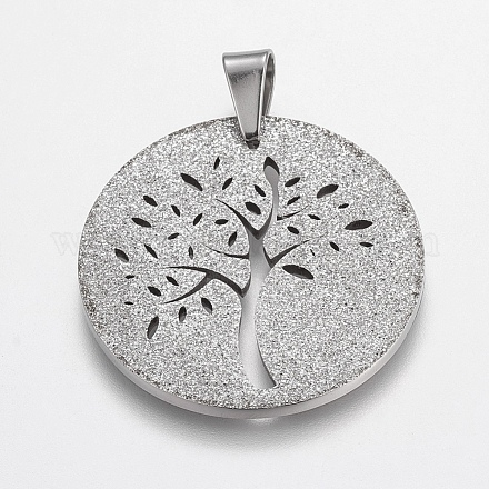 Trendy Flat Round with Tree Necklace Findings 304 Stainless Steel Textured Pendants X-STAS-L012-D09P-1