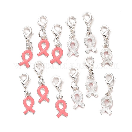 Pendenti in smalto in lega con nastro rosa per la consapevolezza del cancro al seno di ottobre ENAM-H049-1-1