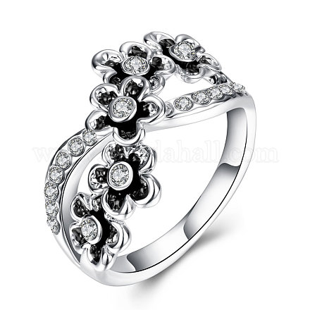 Aleación de estaño flor de los anillos de dedo del partido checo rhinestone para las mujeres RJEW-BB15380-7P-1